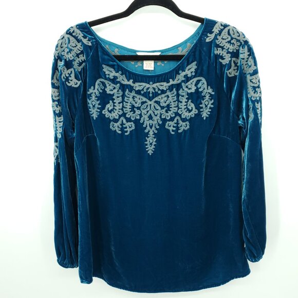 Sundance Embroidered Velvet Long Sleeve Blouse M Blue/Tan - Picture 1 of 14